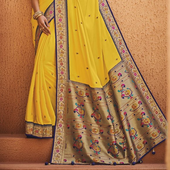 JHEAPS MANGO YELLOW ZARI WOVEN PAITHANI SILK SAREE WITH DESIGNER BLOUSE - Picture 2 of 4